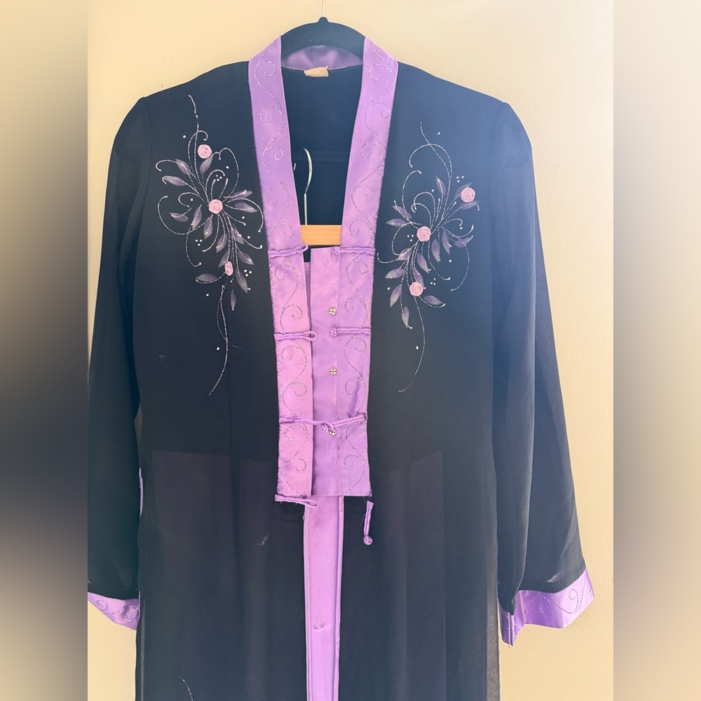 Elegant Black and Purple Embroidered Women's Coat